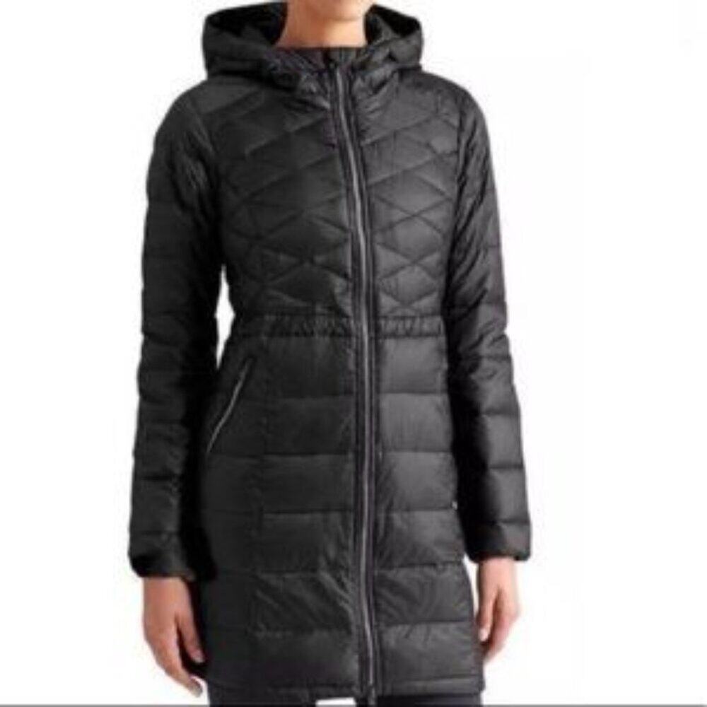 Athleta Long Down Puffer Coat Black Hooded Goose Down Parka Size S